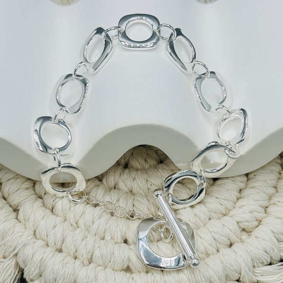 925 Sterling Silver Round Ring Charm Chain Bracelet - Picture 7 of 8